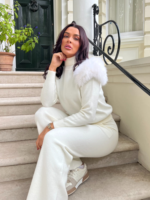 Cream Luxury Fur Roll Neck Wide Leg Tracksuit