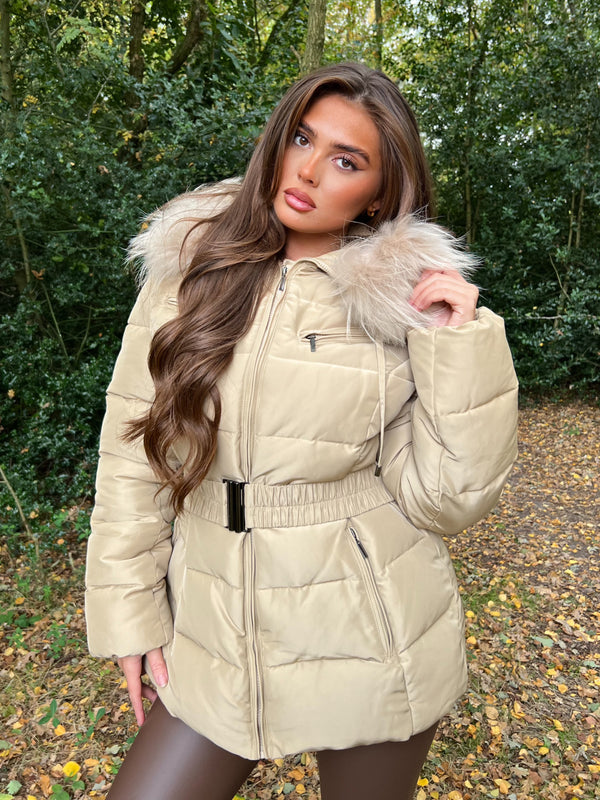 Beige Luxury Fur Padded Belted Coat Sample