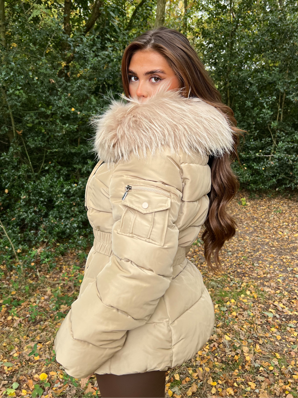 Beige Luxury Fur Padded Belted Coat Sample