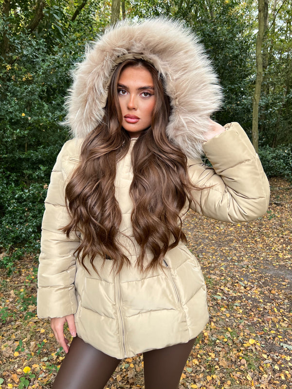 Beige Luxury Fur Padded Belted Coat Sample