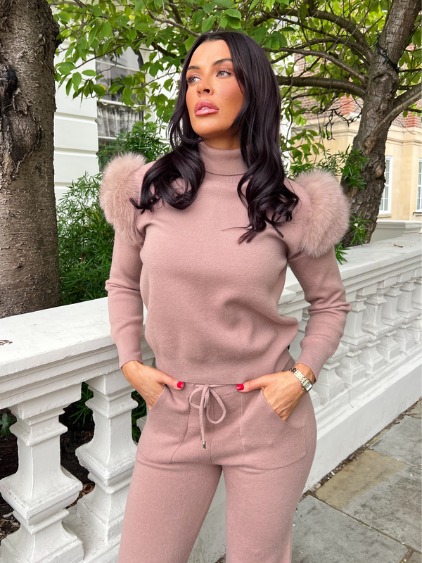 Taupe Luxury Fur Roll Neck Wide Leg Tracksuit