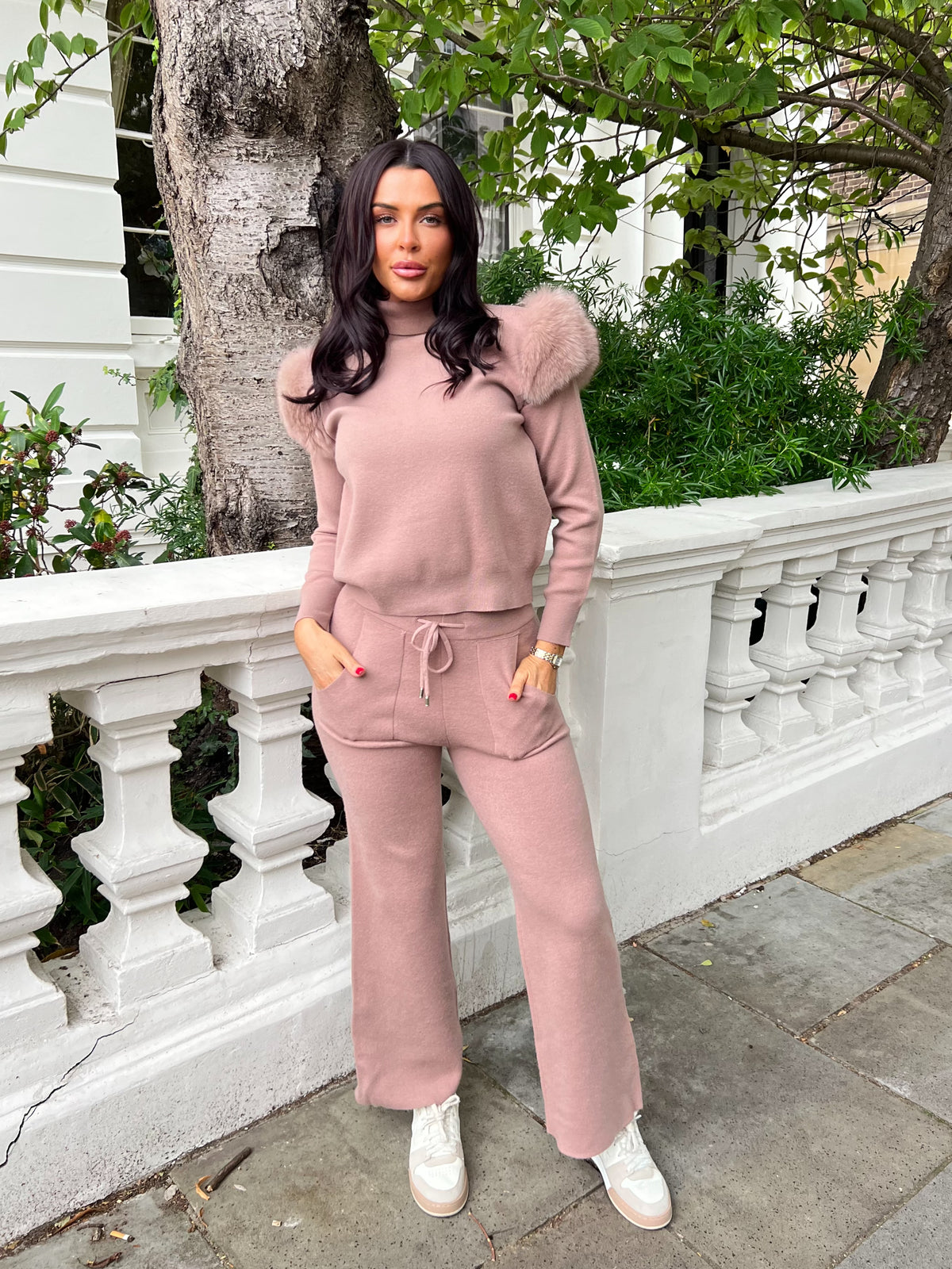 Luxury Fur Roll Neck Wide Leg Tracksuit