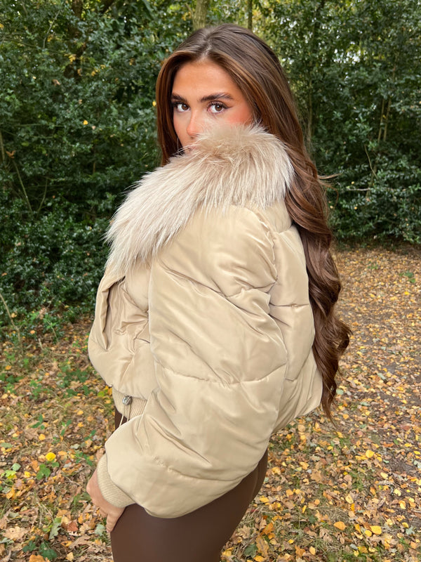 Beige Fur Luxury Fur Padded Cropped Coat Sample