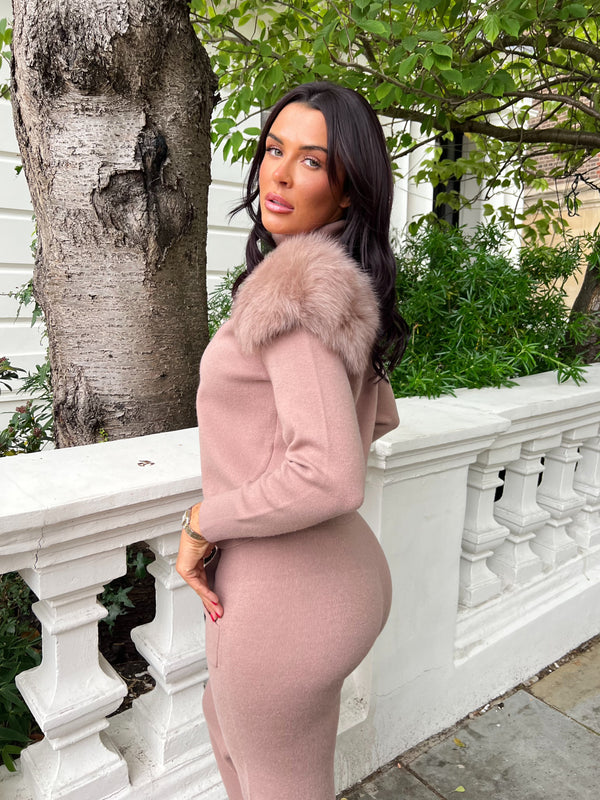 Taupe Luxury Fur Roll Neck Wide Leg Tracksuit