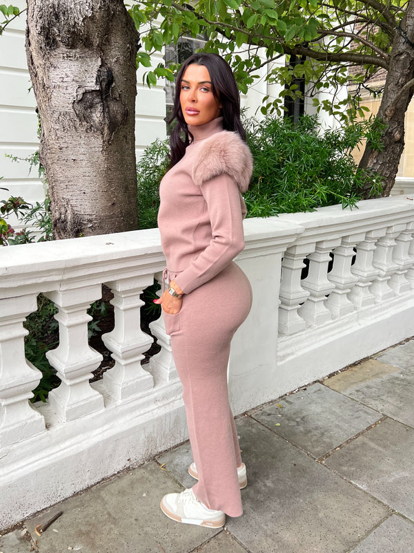 Taupe Luxury Fur Roll Neck Wide Leg Tracksuit