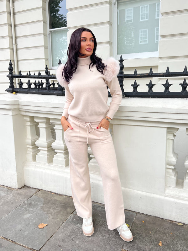 Light Beige Luxury Fur Roll Neck Wide Leg Tracksuit