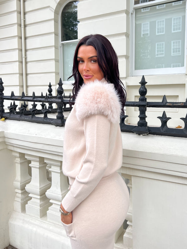 Light Beige Luxury Fur Roll Neck Wide Leg Tracksuit