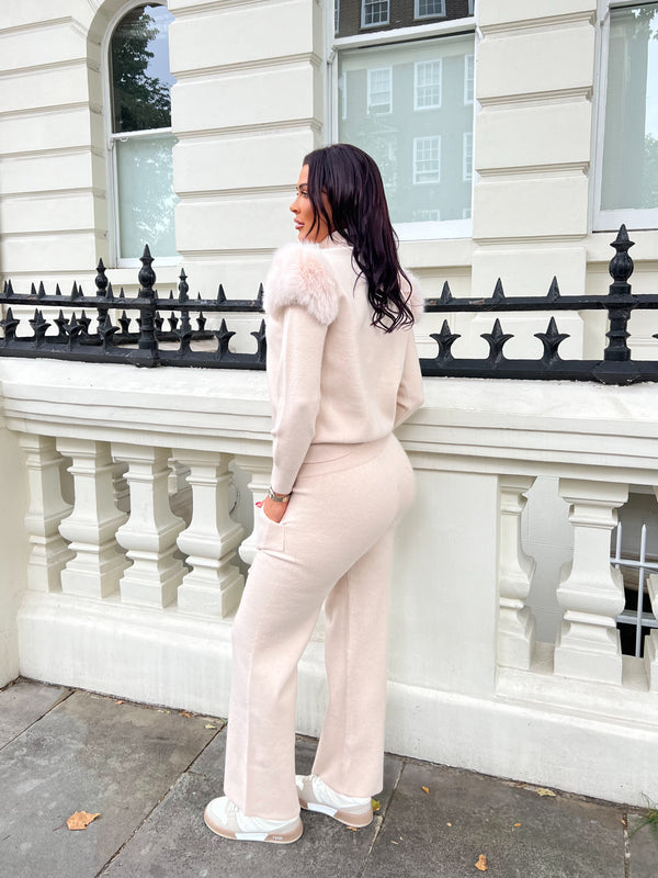 Light Beige Luxury Fur Roll Neck Wide Leg Tracksuit