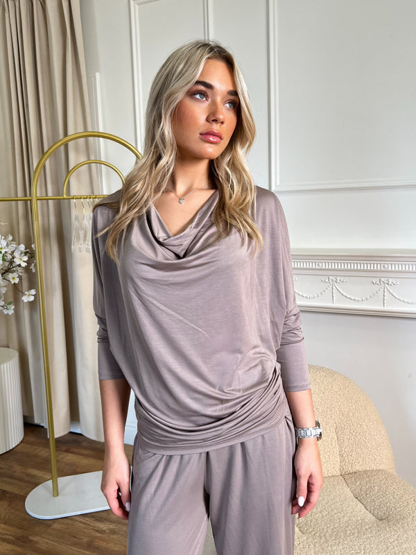 Aria Taupe Cowl Neck Top