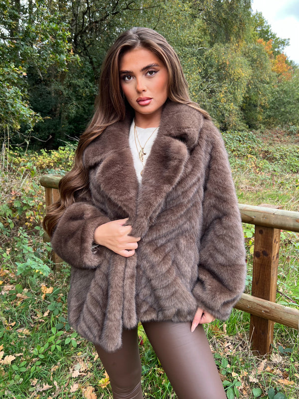 Chocolate Faux Fur Line Detail Collared Coat Sample
