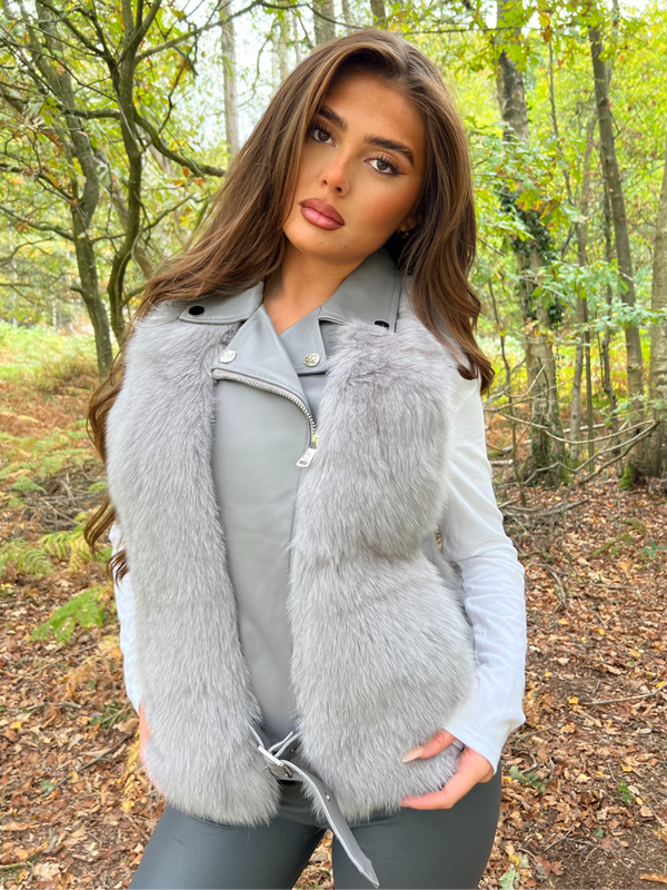 Grey Luxury Fur & Leather Biker Gilet Sample