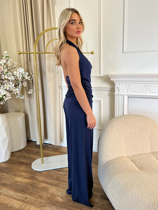 Aria Navy Halter Neck Ruched Top