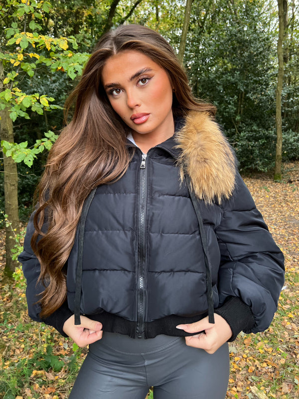 Black/Natural Fur Luxury Fur Padded Cropped Coat Sample