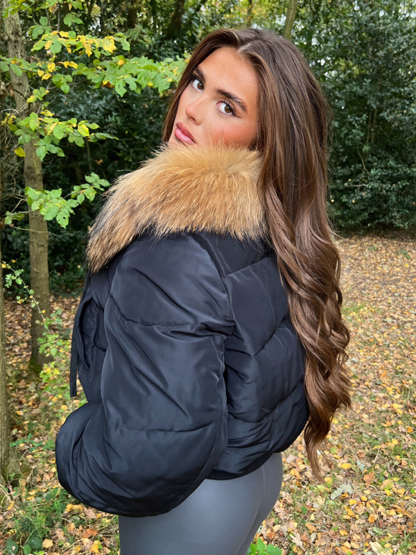 Black/Natural Fur Luxury Fur Padded Cropped Coat Sample