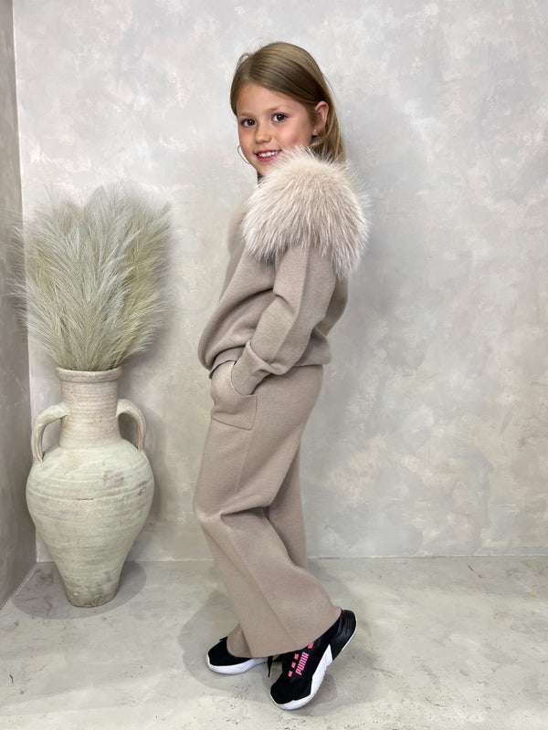 Childrens Beige Luxury Fur Roll Neck Wide Leg Tracksuit