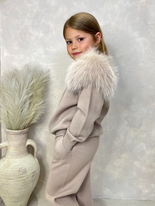 Childrens Beige Luxury Fur Roll Neck Wide Leg Tracksuit