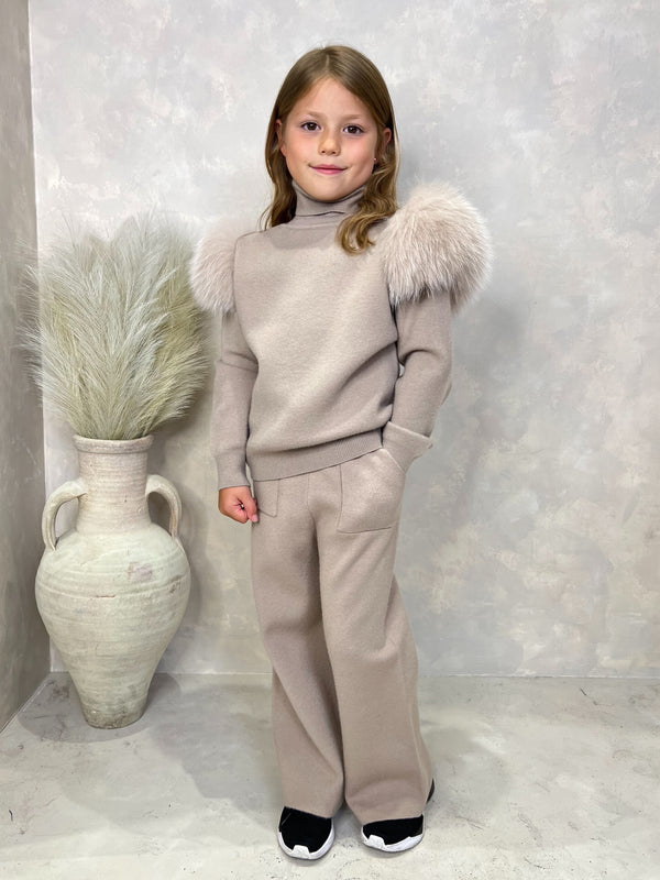 Childrens Beige Luxury Fur Roll Neck Wide Leg Tracksuit