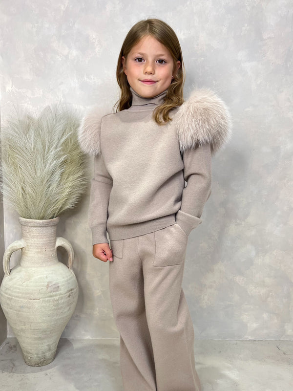 Childrens Beige Luxury Fur Roll Neck Wide Leg Tracksuit