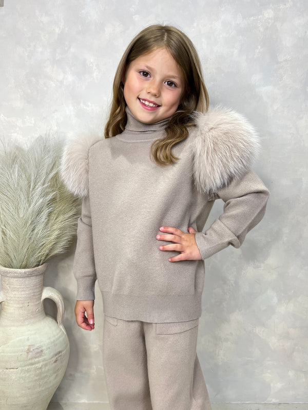 Childrens Beige Luxury Fur Roll Neck Wide Leg Tracksuit