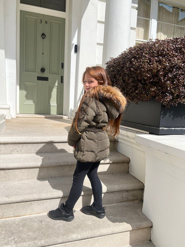 Childrens Khaki Luxury Fur Padded Belted Coat