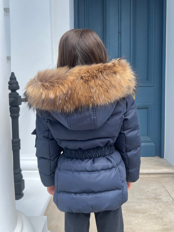 Childrens Navy Luxury Fur Padded Belted Coat