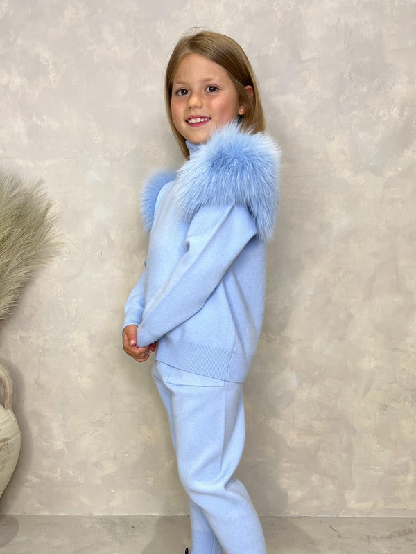 Childrens Baby Blue Luxury Fur Roll Neck Jogger Tracksuit