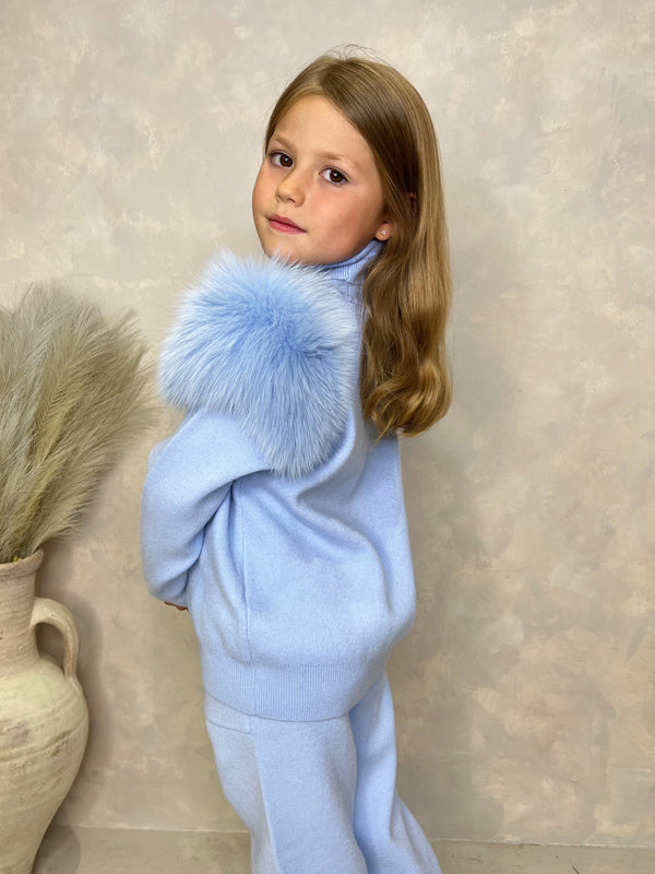 Childrens Baby Blue Luxury Fur Roll Neck Jogger Tracksuit
