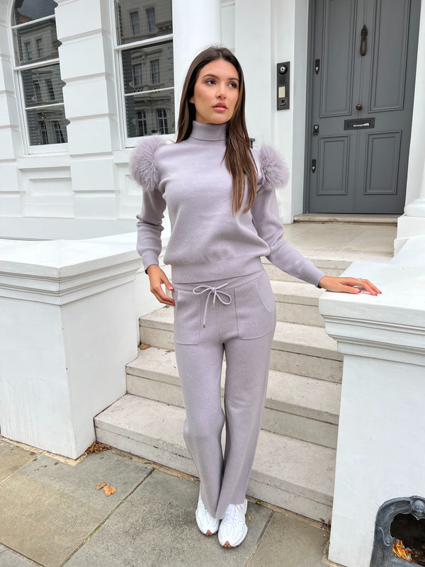 Light Grey Roll Neck Premium Faux Fur Shoulder Wide Leg Tracksuit