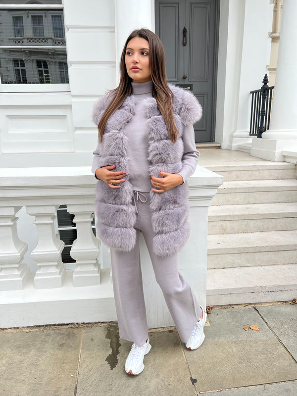 Light Grey Roll Neck Premium Faux Fur Shoulder Wide Leg Tracksuit