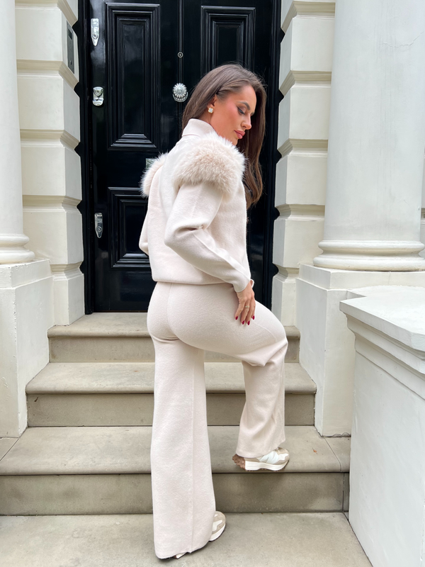 Light Beige Roll Neck Premium Faux Fur Shoulder Wide Leg Tracksuit