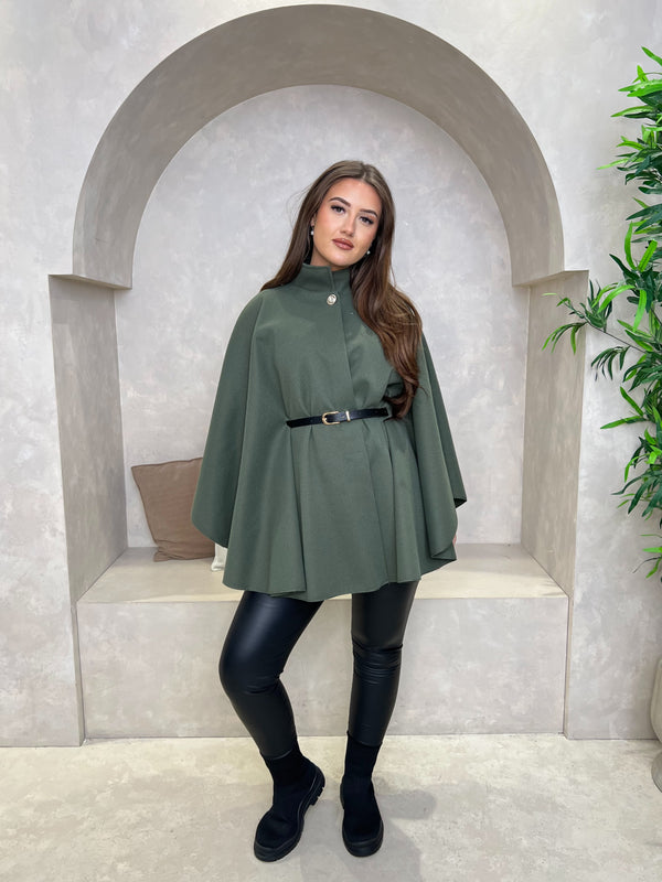 Rib Effect Stand Up Collar Belted Cape