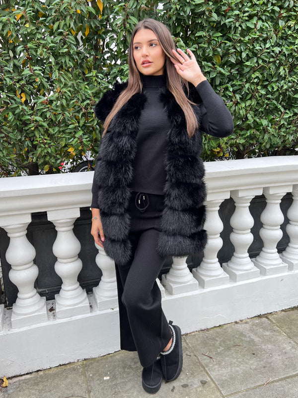 Black Roll Neck Premium Faux Fur Shoulder Wide Leg Tracksuit