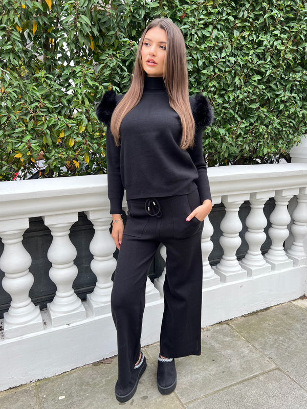 Black Roll Neck Premium Faux Fur Shoulder Wide Leg Tracksuit
