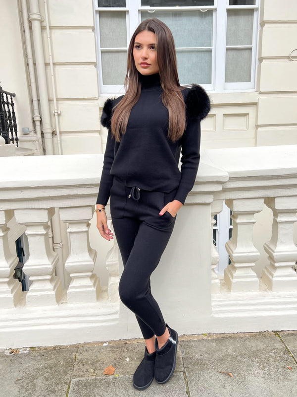 Black Premium Faux Fur Jogger Tracksuit