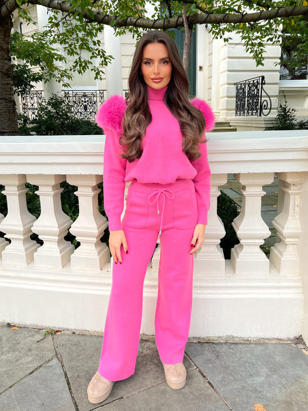 Hot Pink Roll Neck Premium Faux Fur Shoulder Wide Leg Tracksuit
