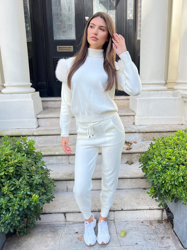 Cream Premium Faux Fur Jogger Tracksuit