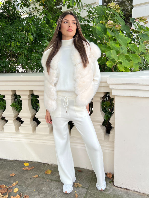 Cream Roll Neck Premium Faux Fur Shoulder Wide Leg Tracksuit
