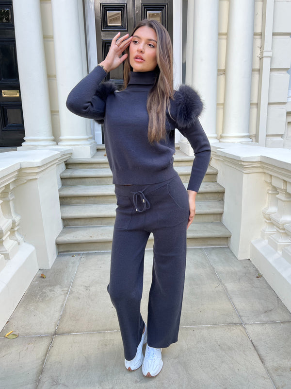 Charcoal Roll Neck Premium Faux Fur Shoulder Wide Leg Tracksuit