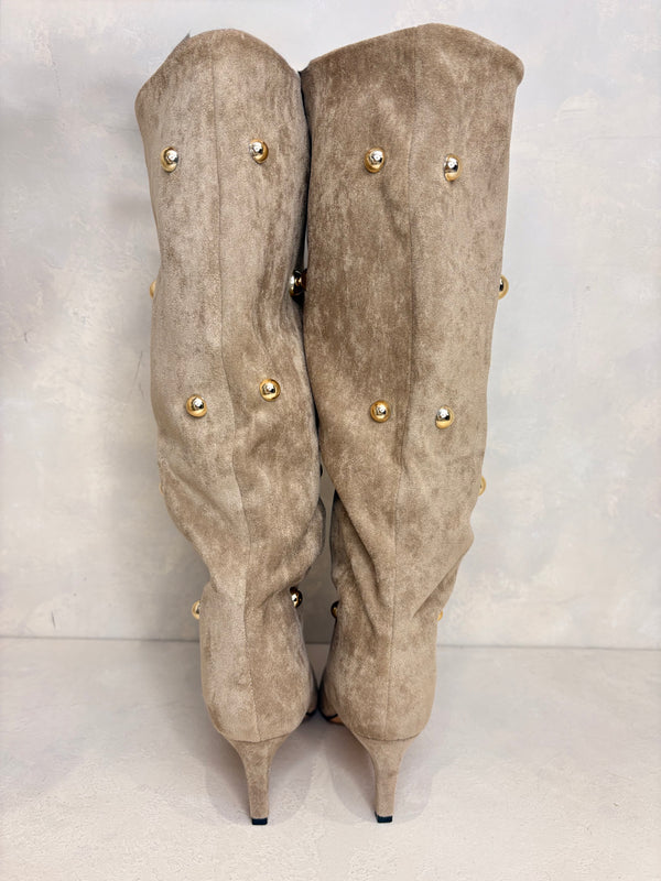 Beige Stud Detail Knee High Boots