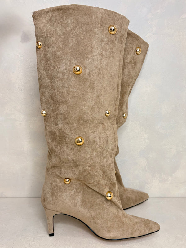 Beige Stud Detail Knee High Boots