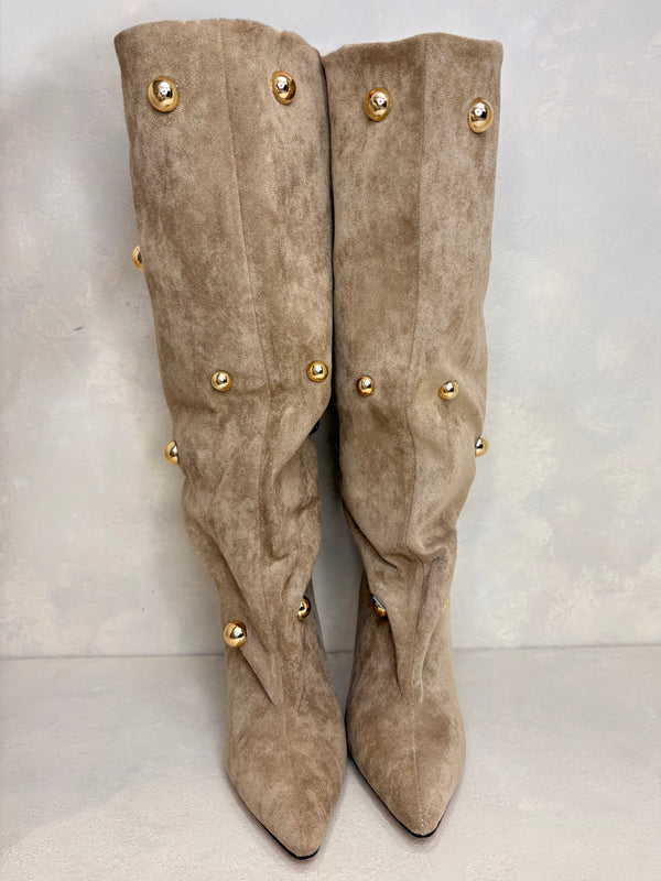 Beige Stud Detail Knee High Boots