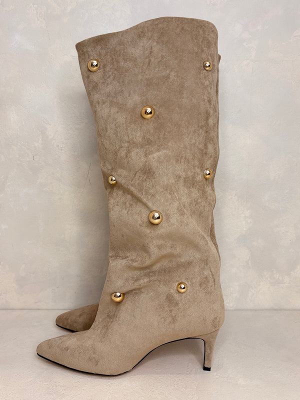Beige Stud Detail Knee High Boots