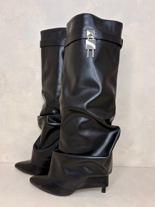 Black Lock Detail Fold Over Knee High Boots