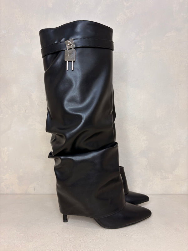 Black Lock Detail Fold Over Knee High Boots