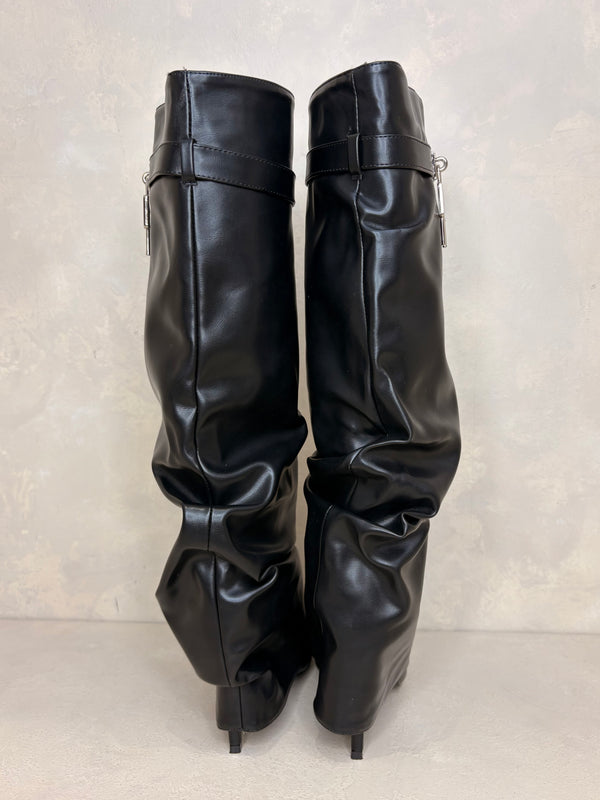 Black Lock Detail Fold Over Knee High Boots