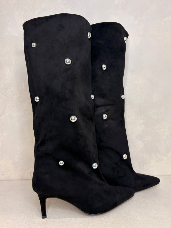 Black Stud Detail Knee High Boots