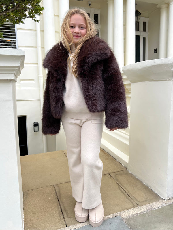 Dark Chocolate Childrens Collared Faux Fur Coat