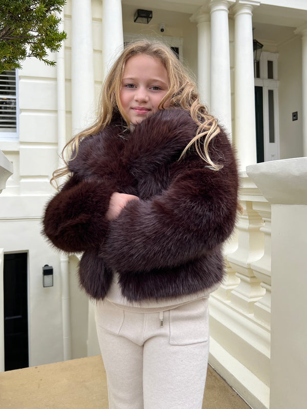 Dark Chocolate Childrens Collared Faux Fur Coat