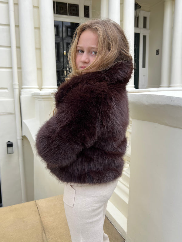 Dark Chocolate Childrens Collared Faux Fur Coat