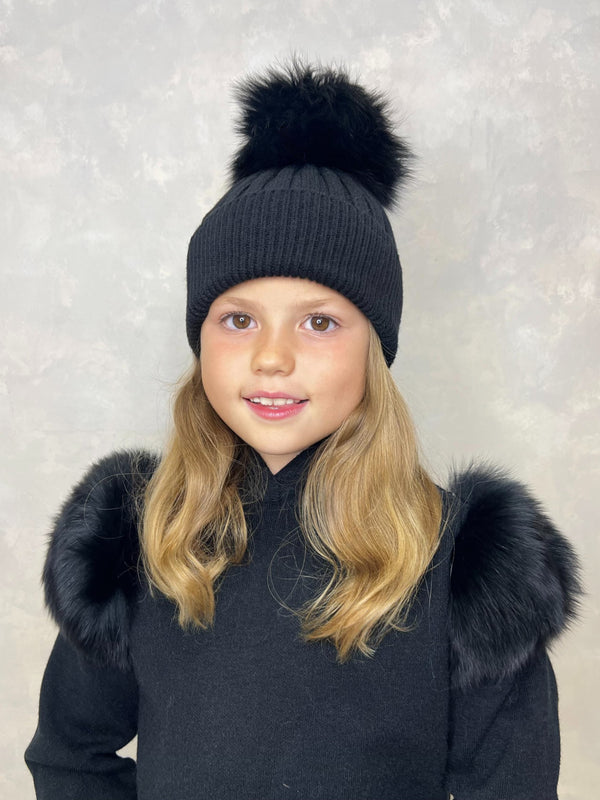 Childrens Black Luxury Fur Bobble Hat